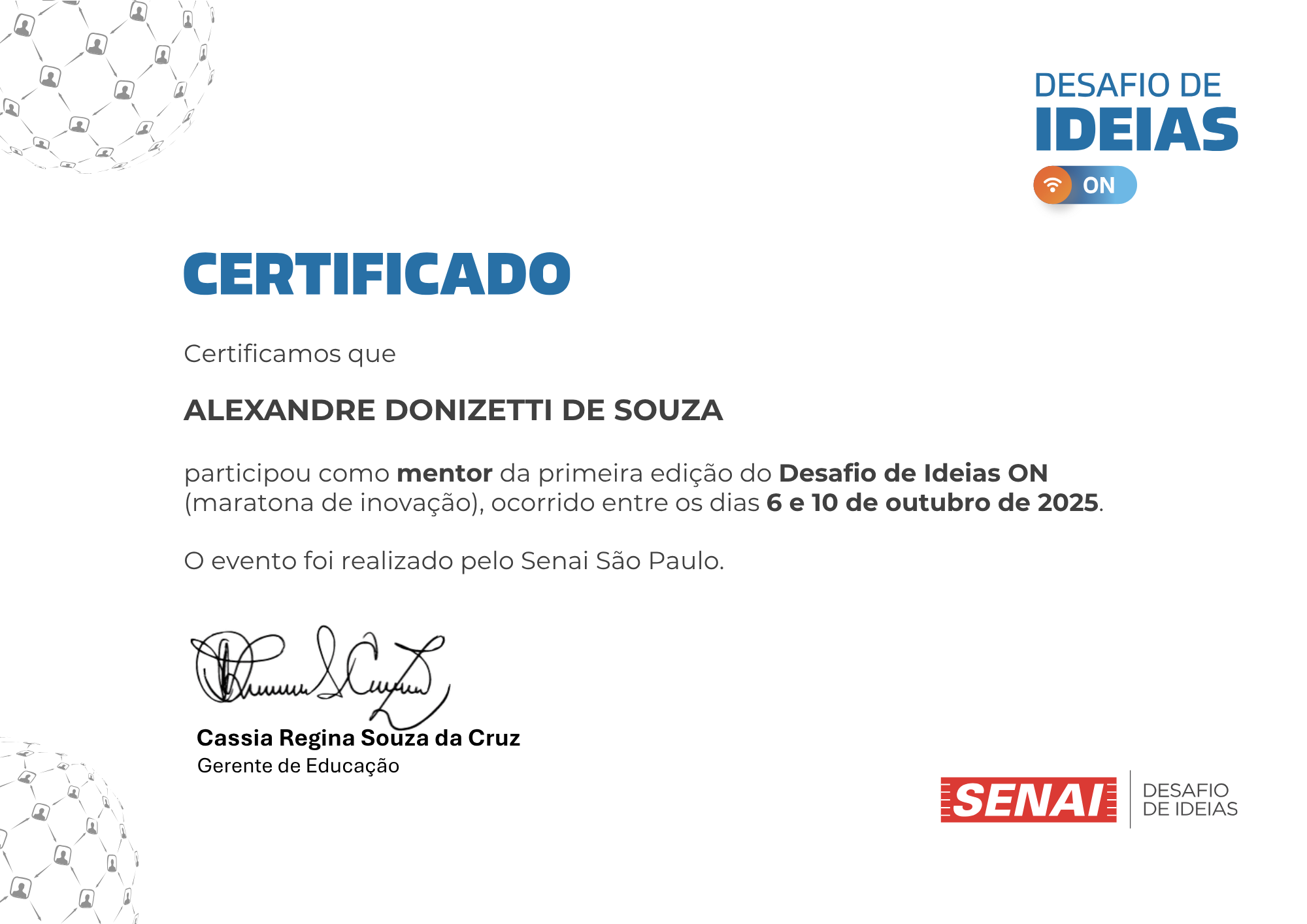 Certificado de participação como mentor no Desafio de Ideias ON